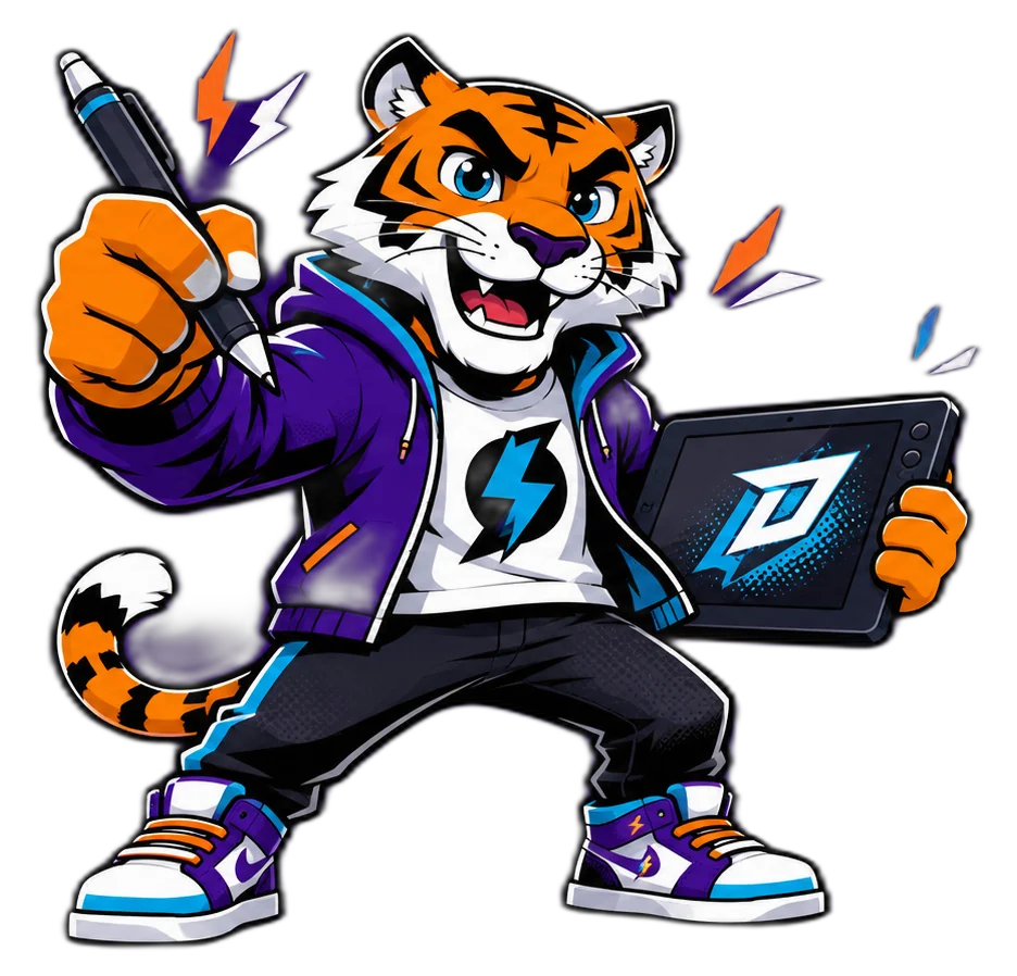 Logo Design Partner tiger mascot striking an action pose with a stylus and tablet